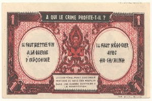 Alte französische Banknote mit einem ernst dreinblickenden Mann in einem Anzug, mit der Aufschrift "A qui le crime profite-il?" und einem schwarzen Rand auf einem weißen Hintergrund.