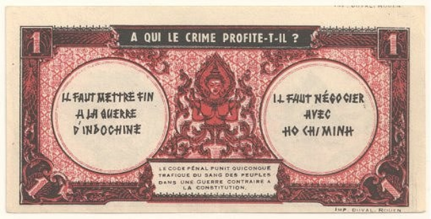 Alte französische Banknote mit einem ernst dreinblickenden Mann in einem Anzug, mit der Aufschrift "A qui le crime profite-il?" und einem schwarzen Rand auf einem weißen Hintergrund.