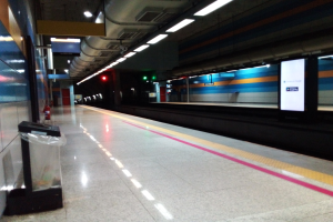 Eine U-Bahn-Station mit einem Zug auf den Gleisen, eine Plattform mit einem Müllcontainer, ein Feuerlöscher, Texttafeln, Lampen, Rohre und andere Gegenstände.