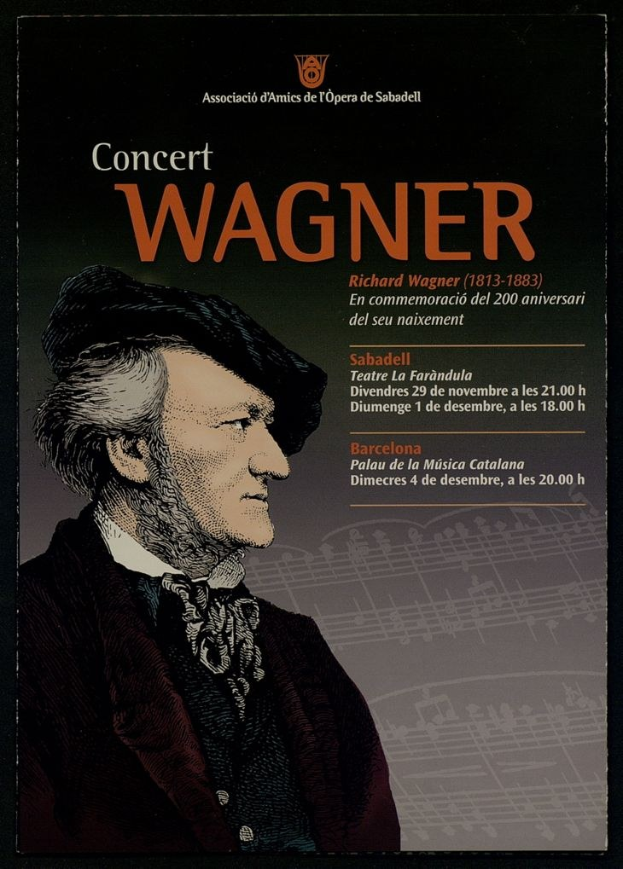 Ein Konzertplakat mit einem Porträt von Richard Wagner in einem schwarzen Anzug mit zurückgekämmtem Haar auf einem hellblauen Hintergrund mit fetter schwarzer Schrift.