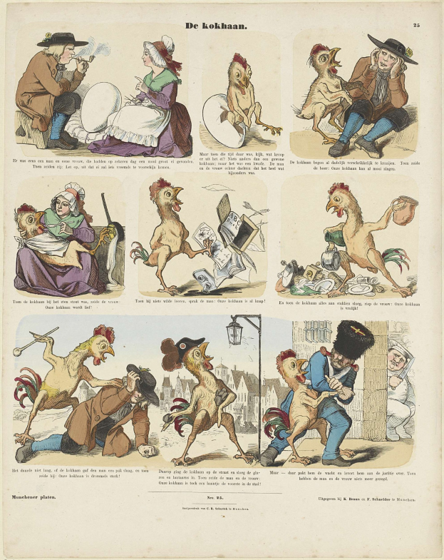 Cartoon-Illustration eines Mannes in Hut und Mantel und einer Frau in Schürze und Kleid, die mit Hühner spielen, umgeben von bunten Tier-Illustrationen.