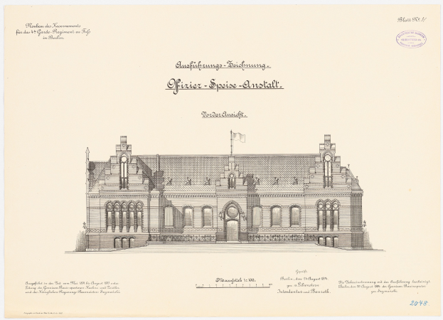 Zeichnung des Hauptsaals des Deutschen Bundestages in Berlin, Deutschland, mit einer Flagge oben und begleitendem Text auf dem Papier.