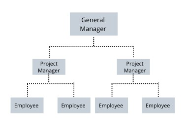 Organigramm-Diagramm, das den Arbeitsablauf eines Projektmanagers mit Rollen, Verantwortlichkeiten und Informationsfluss zwischen Schritten auf einem weißen Hintergrund zeigt.