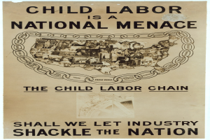 Plakat mit der Überschrift "Kinderarbeit ist eine nationale Gefahr - Sollen wir die Industrie das Land fesseln lassen" mit fetter schwarzer Schrift auf einem weißen Hintergrund, das eine vielfältige Gruppe von Menschen zeigt, die gemeinsam stehen.