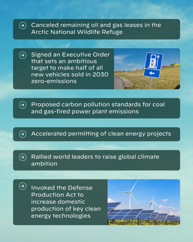 Plakat mit dem Text "Aufgehobene verbleibende Öl- und Gasförderlizenzen im Arctic National Wildlife Refuge" mit Abbildungen von Solarpanelen, Windrädern und einem bewölkten Himmel.
