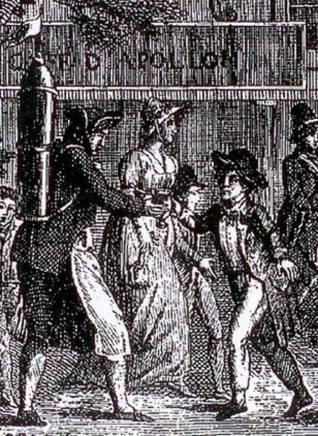 Schwarz-weiß-Zeichnung einer Gruppe von Menschen, die während der Viktorianischen Unruhen in London aus einem Gebäude fliehen, wie der Text am unteren Rand anzeigt.