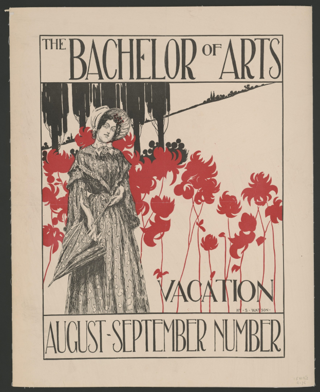 Plakat mit schwarzem Hintergrund, das eine Frau in einem weißen Kleid mit einer blauen Stola und einem weißen Hut zeigt, die in einem Feld gelber Blumen unter einem blauen Himmel steht, Text lautet 'The Bachelor of Arts Vacation August-September Number' in weißer fetter Schrift mit goldenem Rand.