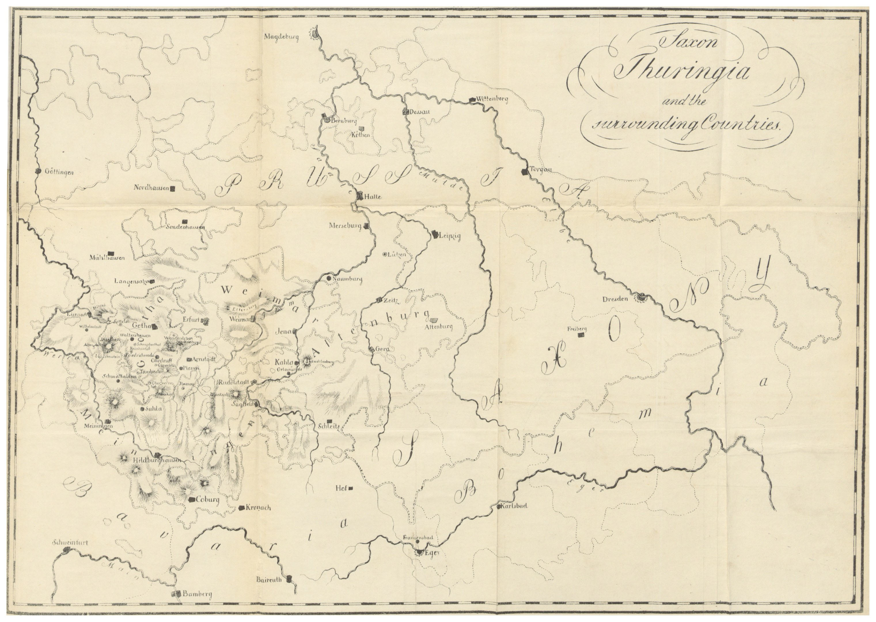 Eine Papierkarte des Königreichs Thüringen und der umliegenden Länder mit Grenzen und Text.