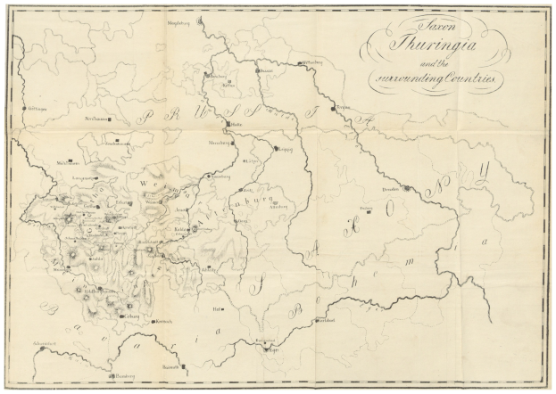Eine Papierkarte des Königreichs Thüringen und der umliegenden Länder mit Grenzen und Text.