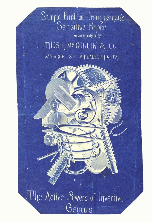 Ein blaues Buch mit dem Titel "Die aktiven Kräfte des erfinderischen Genies" mit einem weißen Umschlag, der ein Mannes entschlossenes Gesicht in weißer Schrift zeigt.