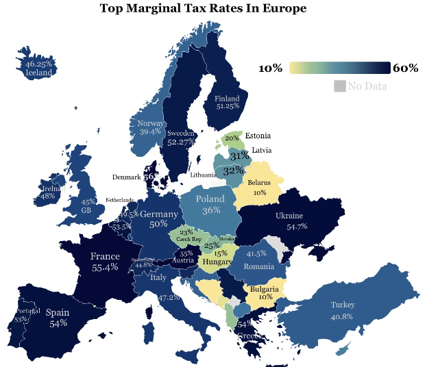 Eine Karte von Europa mit Farben, die die höchsten Steuersätze in jedem Land anzeigen, mit der Überschrift "Höchste Steuersätze in Europa".
