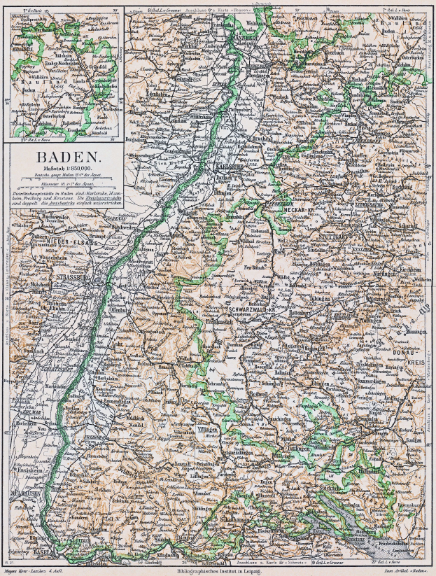Ein altes Kartenbild von Baden-Württemberg, Deutschland, das Straßen, Städte und geografische Merkmale zeigt, mit Text oben und unten.