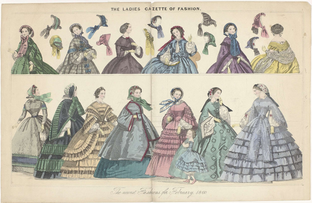 Eine Vintage-Modezeitschrift mit dem Titel "The Ladies Gazette of Fashion", die Illustrationen von Frauen in verschiedenen farbenfrohen Kleidern und kunstvoll verzierten Hüten zeigt, mit einem dezenten Farbschema aus Blauen, Grünen und Gelben.