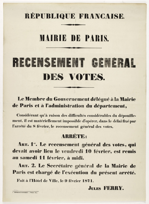Plakat mit dem Text "Recensement Général des Votes" im Zusammenhang mit einer allgemeinen Wahl in der Republik Frankreich.