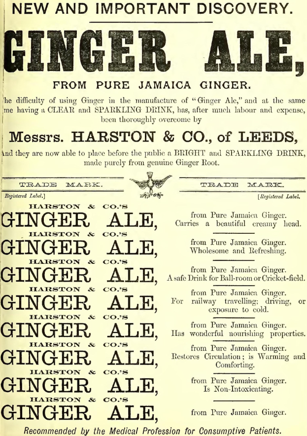 Alte Werbung für Harston & Co. Ingwerlimonade aus Leeds, mit Text auf altem Papier.