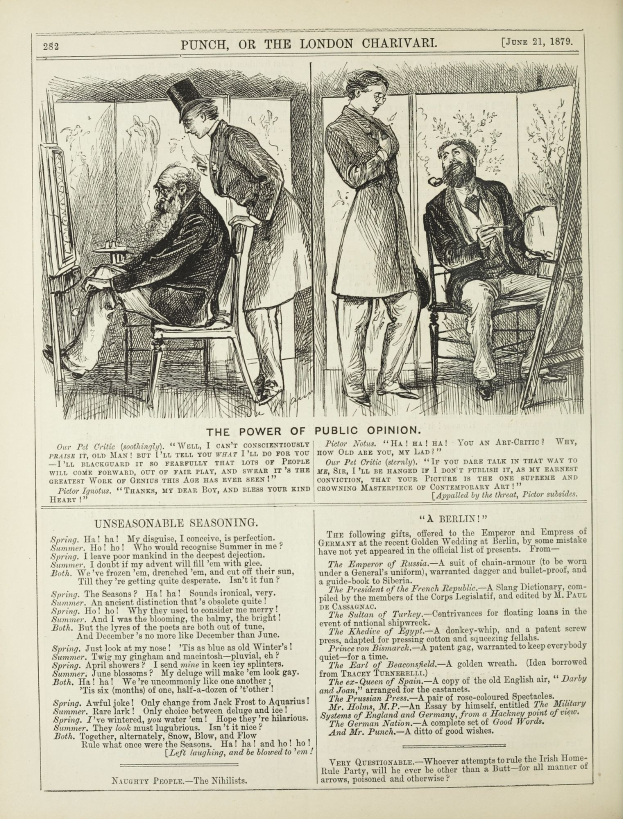 Ein altes Buch mit einer Zeichnung eines Mannes in einem Anzug, der in einem Stuhl sitzt und eine Frau neben ihm steht, der Mann mit einem ernsten Gesichtsausdruck und die Frau nachdenklich wegschauend, mit dem Text "Die Macht der öffentlichen Meinung" auf der Seite sichtbar.