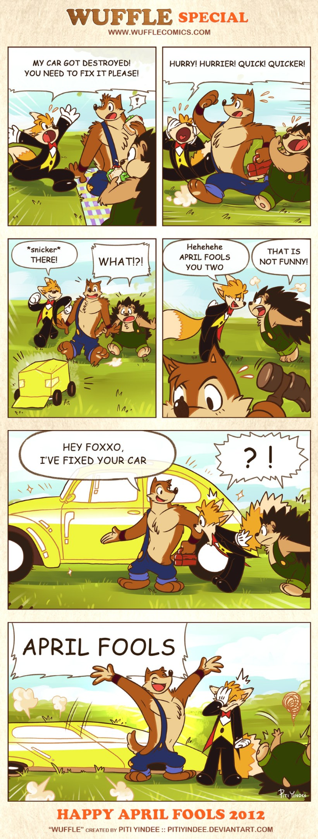 Comic-Strip-Plakat mit der Überschrift "April Fools", das einen Cartoon-Mann und -Frau in einem Gespräch zeigt, vor einem hellblauen Himmel mit weißen Wolken, wobei der Mann mit den Händen gestikuliert.