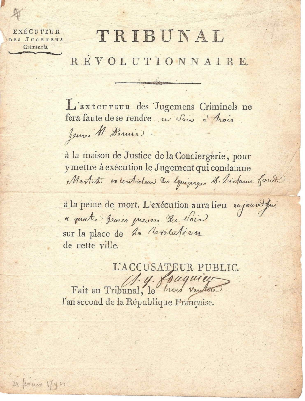 Altes französisches Rechtsdokument mit dem Titel 'Tribunal Révolutionnaire', das Hinrichtungsurteile detailliert, mit gelbem Papier und geschwungener Schrift.