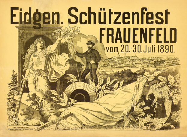 Plakat für das 1895er Eidgenössisches Schützenfest in Frauenfeld, Deutschland, das einen förmlich gekleideten Mann und eine Frau mit Veranstaltungsdetails in deutscher Sprache zeigt.
