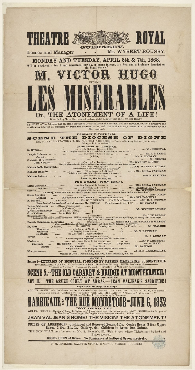 Schwarze und weiße Zeitungsanzeige für das Theatre Royal, London, wahrscheinlich beworben die Vorstellung von *Les Misérables*.