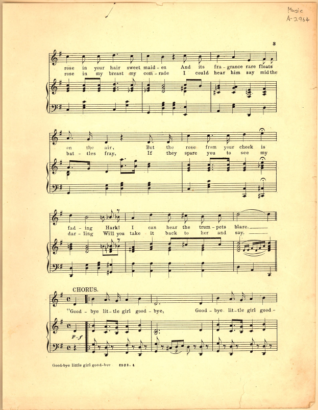 Altes Notenblatt mit dem Titel "Goodbye Little Girl" mit Violinschlüssel und Bassschlüssel, Noten und musikalischen Symbolen sowie Text auf hellcremefarbenem Papier.