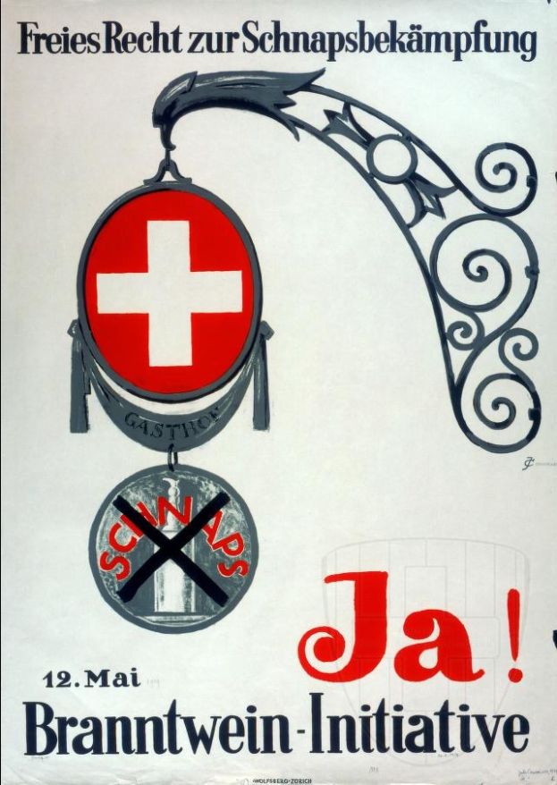 Plakat mit einem roten Kreuzsymbol und fetter schwarzer Schrift, die "Jä Brantwein-Initiative" liest, wahrscheinlich für eine Schweizer Rotes Kreuz-Initiative.