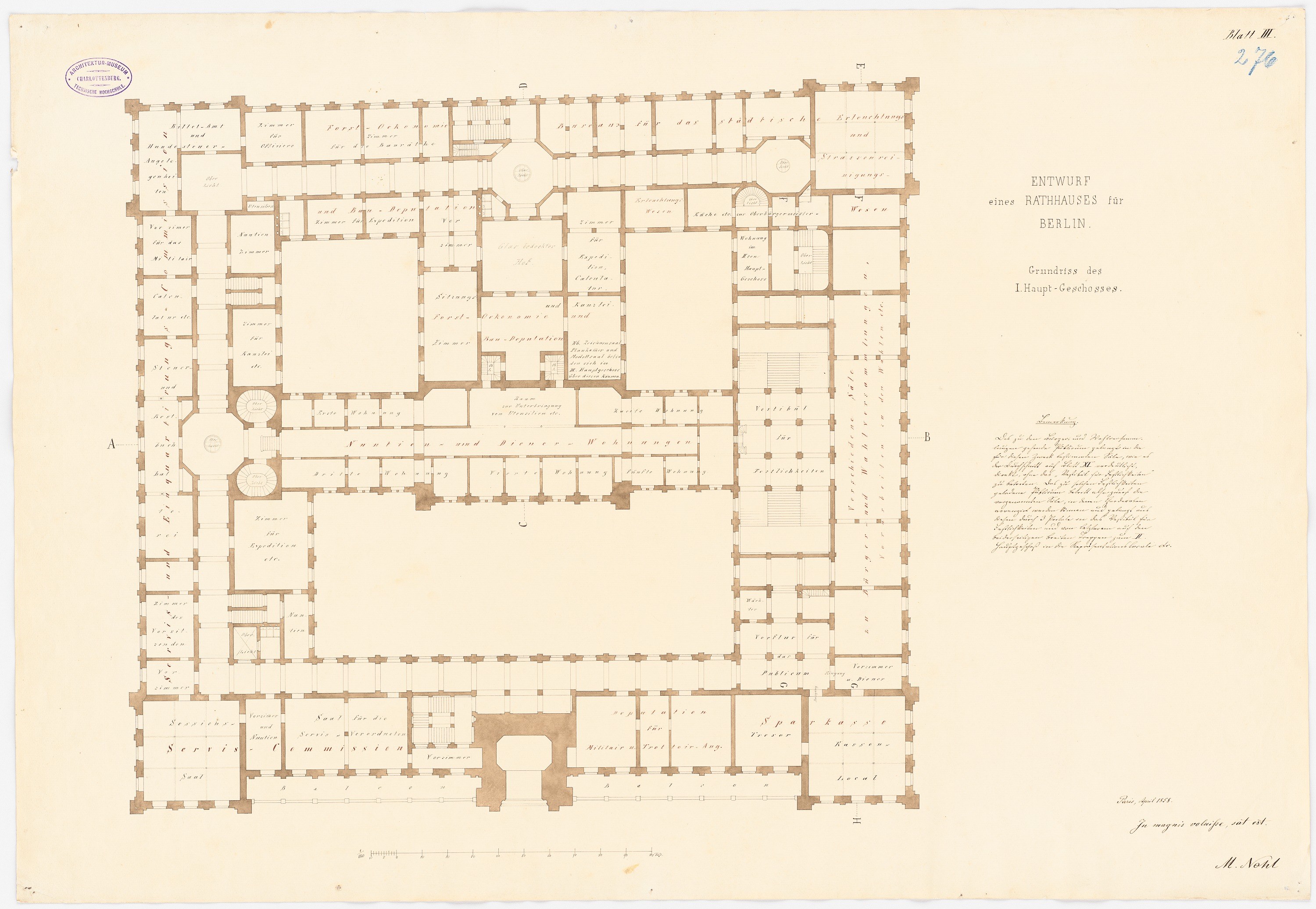 Schwarz-weißer Architekturplan des Eingangsflures des Rathauses Berlin mit begleitendem Text.