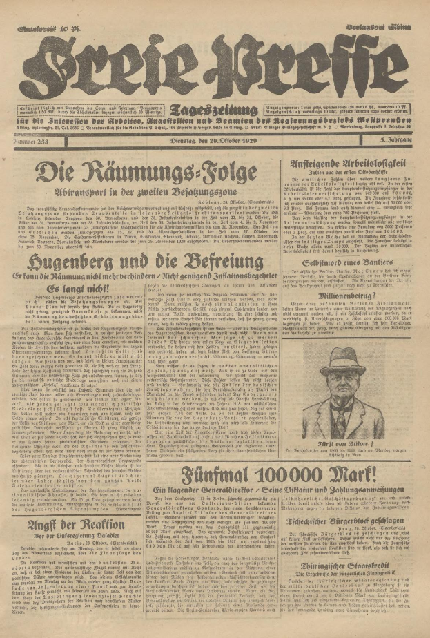 Alte deutsche Zeitung vom 29. September 1929 mit der Schlagzeile "Sugenberg und die Defreiung" mit einem Mann im Anzug und Hut mit ernstem Gesichtsausdruck.