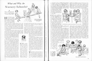 Offenes Buch mit Illustrationen von Kindern, die in einer Kita spielen, einschließlich Text und einer Tabelle mit Gegenständen.