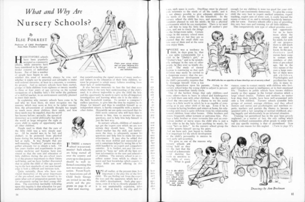 Offenes Buch mit Illustrationen von Kindern, die in einer Kita spielen, einschließlich Text und einer Tabelle mit Gegenständen.