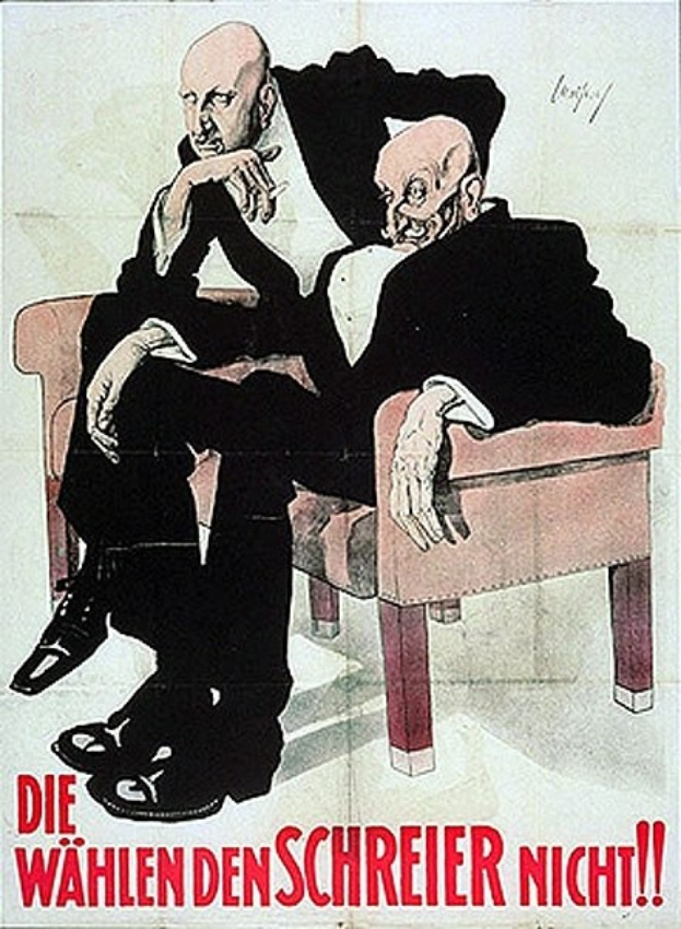 Deutsches Propagandaplakat für die NSDAP mit zwei Männern auf einem Sofa und Textüberlagerung.
