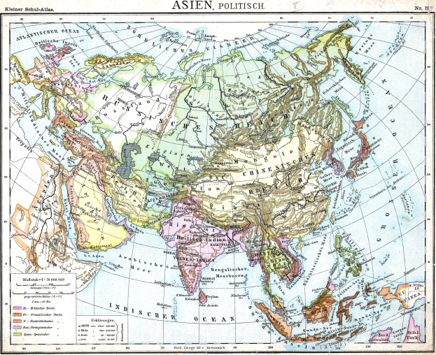 Ein altes Asia-Karte mit detaillierten Informationen ├╝ber L├Ąnder und Regionen, primarily in shades of blue, green, and yellow, with text in bold font at the top and bottom, bordered in black.