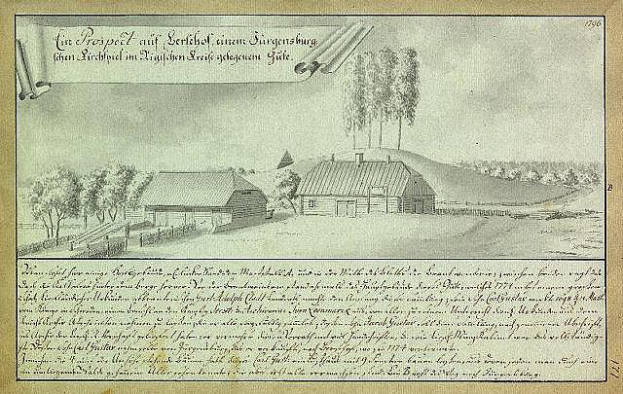 Ein altes Dokument mit einer Zeichnung eines Bauernhofs in einem Feld, umgeben von Häusern, Bäumen und einem Himmel, mit der Aufschrift "Surgensburg, Deutschland - Landschaft eines Bauernhofs".