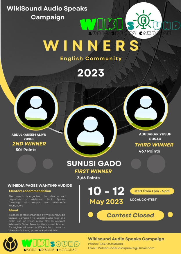 Buntes Plakat für den Wikisound Audio Spricht Kampagne mit blauem Hintergrund, das große gelbe und weiße Text in Fettschrift 'Gewinner' und mehrere strahlende Menschen in der Mitte zeigt, die den Sieg der Kampagne feiern.