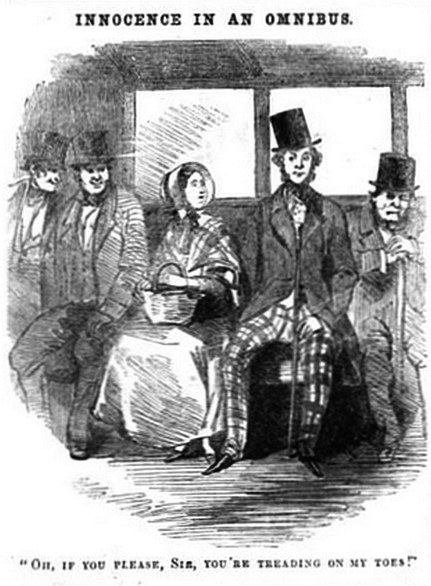 Eine Gruppe von beunruhigten Menschen in einem Zug, mit einer Frau in einem langen Kleid und Hut, die einen Korb hält, während der Text 'Unschuld in einer Omnibus' lautet.