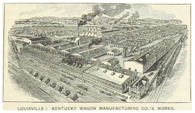 Plakat der Louisville, Kentucky Wagon Manufacturing Co. mit Gebäuden, Pferdewagen und rauchiger Himmel mit Text unten.