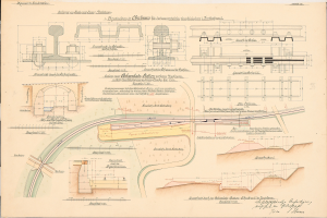 Altes Buch mit detaillierten Zeichnungen und Text eines Eisenbahnlayouts, einschließlich einer Illustration einer Eisenbahnschiene.