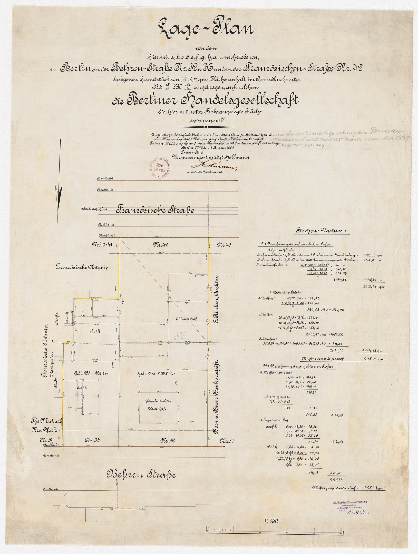 Altes Dokument mit detailliertem architektonischem Plan der Berliner Handelsgesellschaft, mit handgeschriebenem Text und einem Stempel auf der linken Seite.