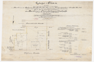Altes Dokument mit detailliertem architektonischem Plan der Berliner Handelsgesellschaft, mit handgeschriebenem Text und einem Stempel auf der linken Seite.