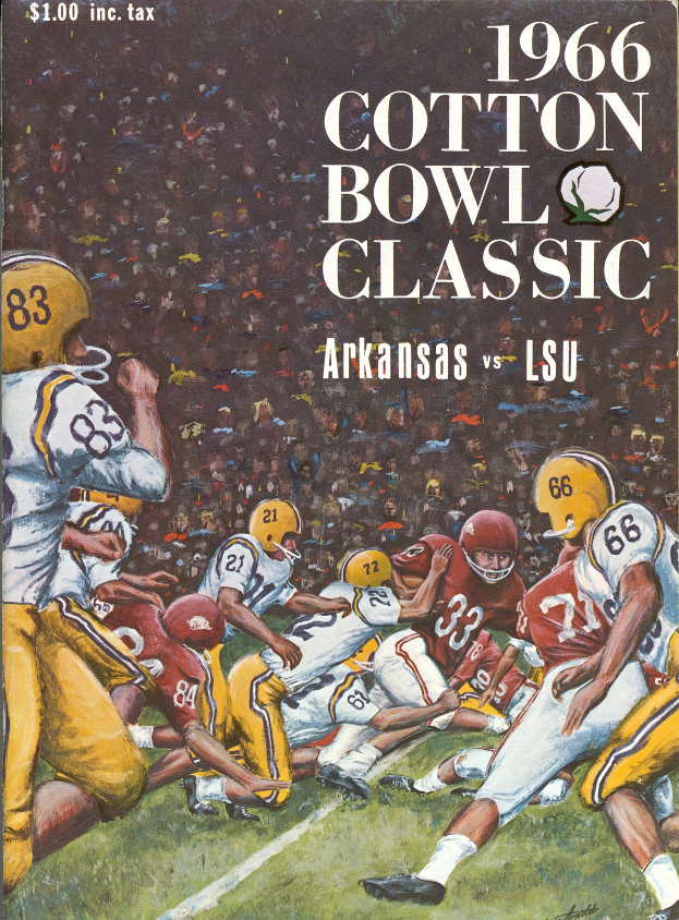 Buchumschlag mit einem Gemälde eines Football-Spiels zwischen Arkansas und LSU, betitelt als "1966 Cotton Bowl Classic".