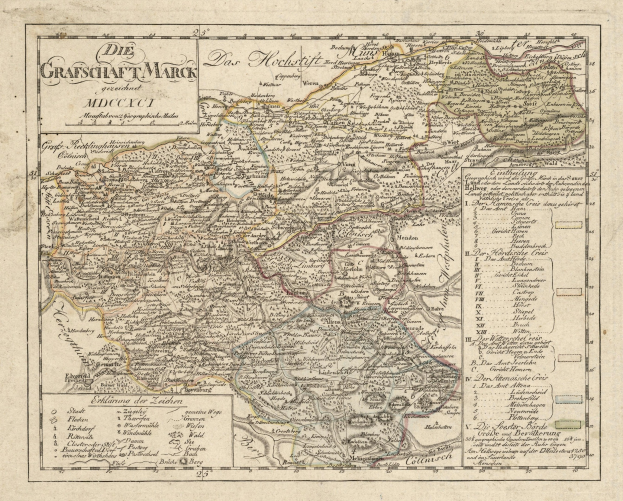 Ein detailliertes altes Stadtplan von München, Deutschland, mit Straßen, Parks und Sehenswürdigkeiten mit einem dekorativen Rand in Blau-, Grün- und Gelbtönen.