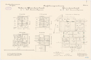 Schwarz-weißer architektonischer Grundriss des ehemaligen Bundeskanzleramts in der Bundesrepublik Deutschland, der detaillierte Pläne mit Textanmerkungen zeigt.