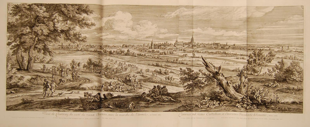 Offenes Buch mit dem Titel 'Ansicht der Schlacht von Castellum und Castellium, aus der Illustrated London News' mit einer detaillierten Illustration einer Schlacht-Szene mit Menschen, Bäumen, Pflanzen, Gebäuden und Wolken.
