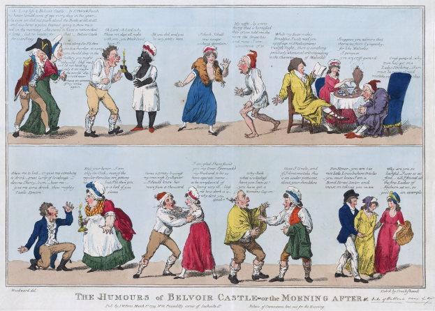 Ein Blatt mit Cartoon-Abbildungen von tanzenden Menschen und anderen, die um einen Tisch mit verschiedenen Gegenständen sitzen, mit dem Text "The Humours of Belvoir Castle for the Morning After" unten.