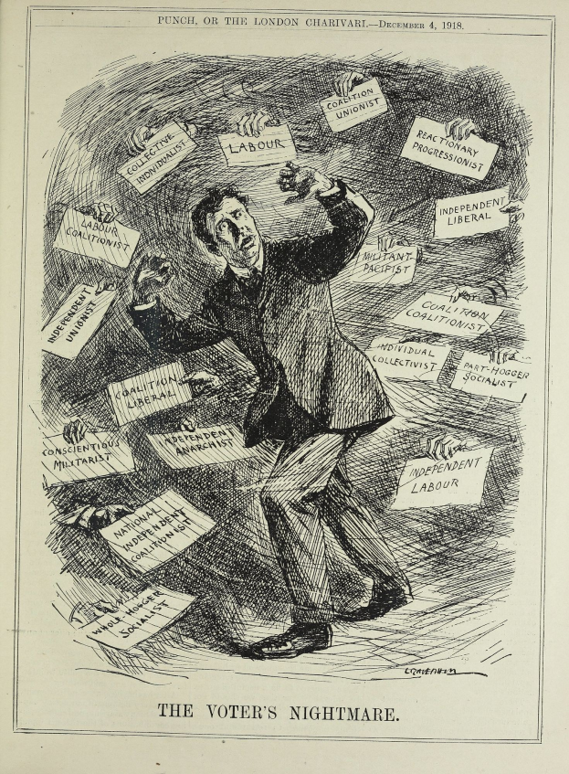 Ein Blatt Papier mit einer Zeichnung eines Mannes in Anzug und Krawatte, der ein Schild hält, auf dem steht "Der Albtraum des Wählers" und einen entschlossenen Gesichtsausdruck hat.