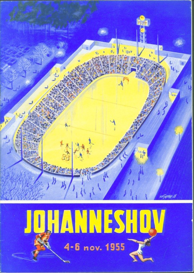 Plakat aus dem Jahr 1955, das ein Eishockeyspiel in Johannesburg, Südafrika ankündigt und ein volles Stadion mit Bäumen und Lichtern sowie Text und Zahlen zeigt.