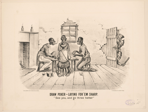 Eine Gruppe von Menschen, die um einen Tisch Poker spielen, mit einer Wand, einem Fenster, einer Tür und verschiedenen Gegenständen im Hintergrund und Text unten, der "Draw Poker - Laying for 'em Sharp" lautet.