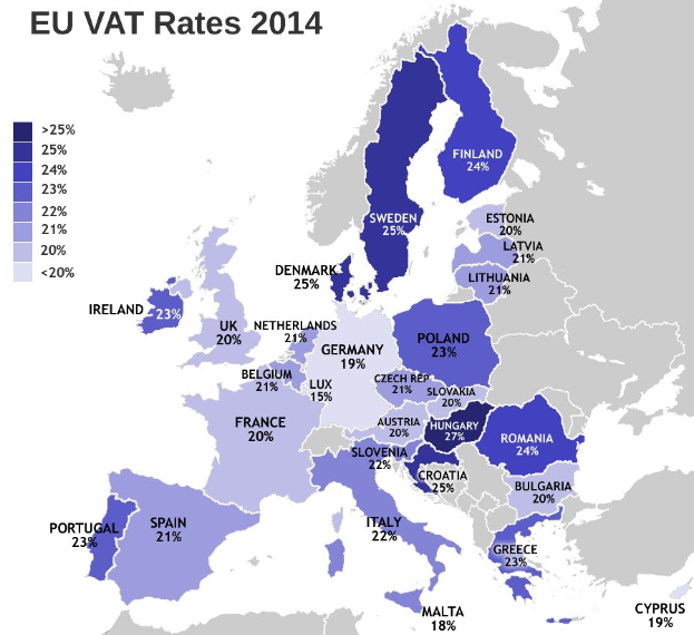 Eine Europakarte, die die EU-Mehrwertsteuersätze für 2014 mit Prozentangaben und Text anzeigt.