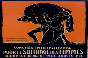 Eine Person mit einer Weltkugel in den Händen, über der der Text "Congres International pour le Suffrage des Femmes" auf einem Plakat für die Internationale Frauenwahlrechtsbewegung in Budapest, Ungarn, zu sehen ist.