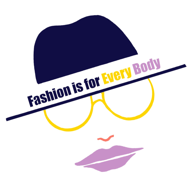 Logo mit einem stilisierten Gesicht und dem Text "Fashion is for Every Body" darunter, das die Inklusivität in der Mode fördert.